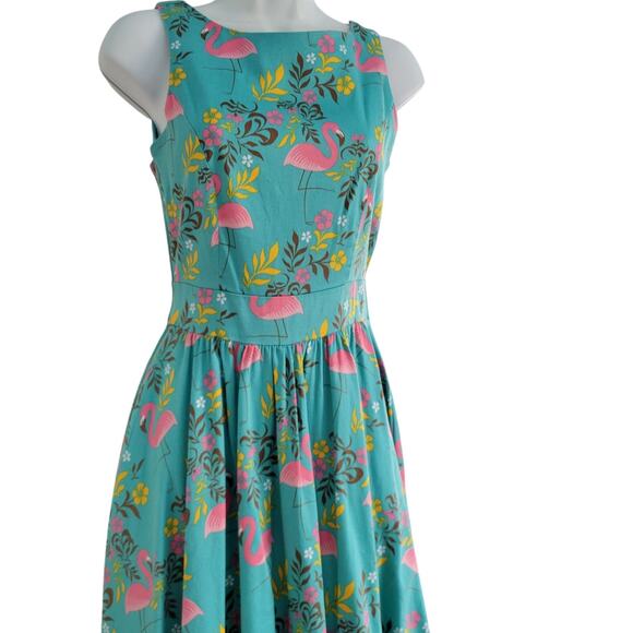 Lady Vintage Retro 50s Swing Dress Turquoise Teal and Pink Flamingos S6 Dapper - Picture 6 of 16